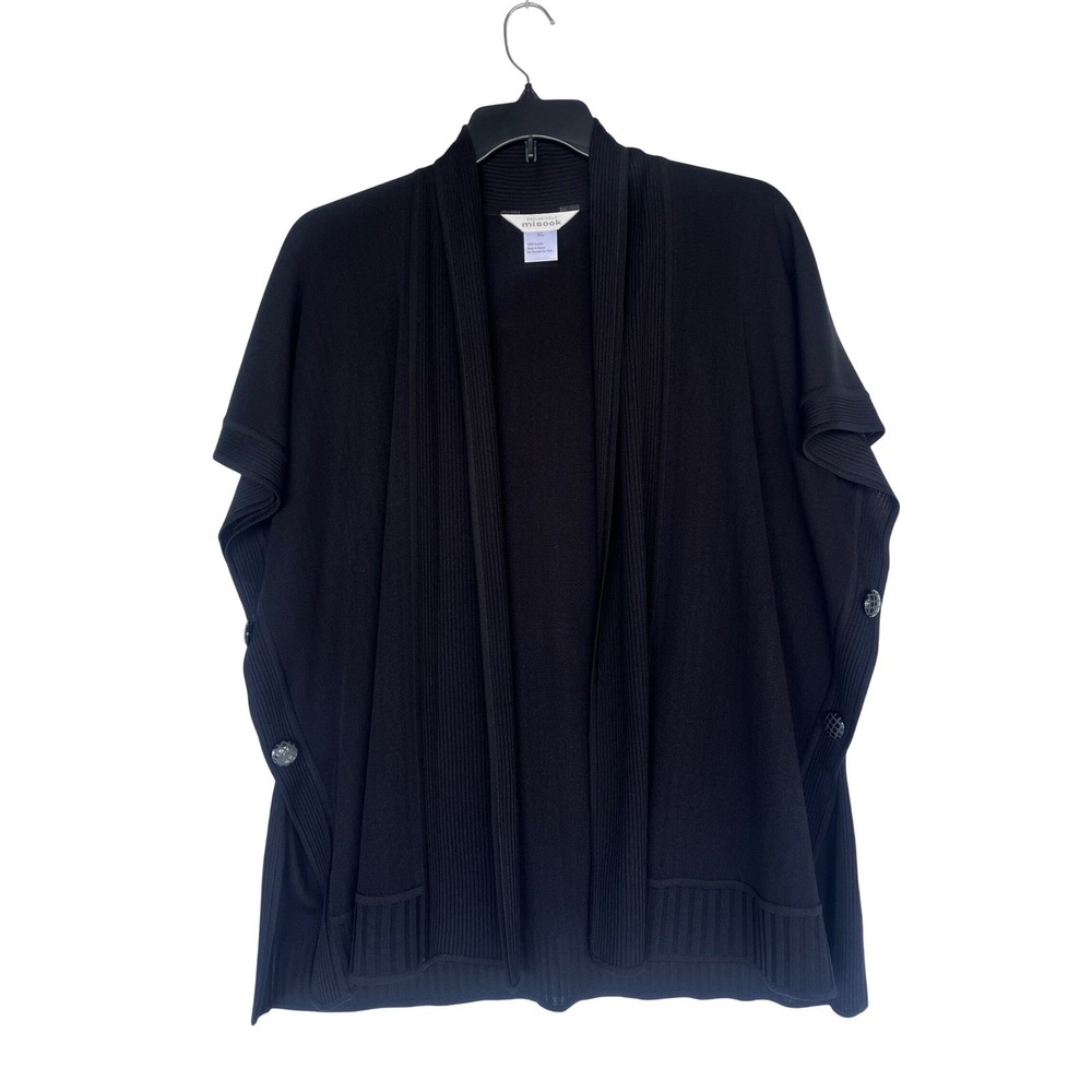 Exclusively Misook Womens XL Black Knit Open Front Cardigan Button Side Poncho